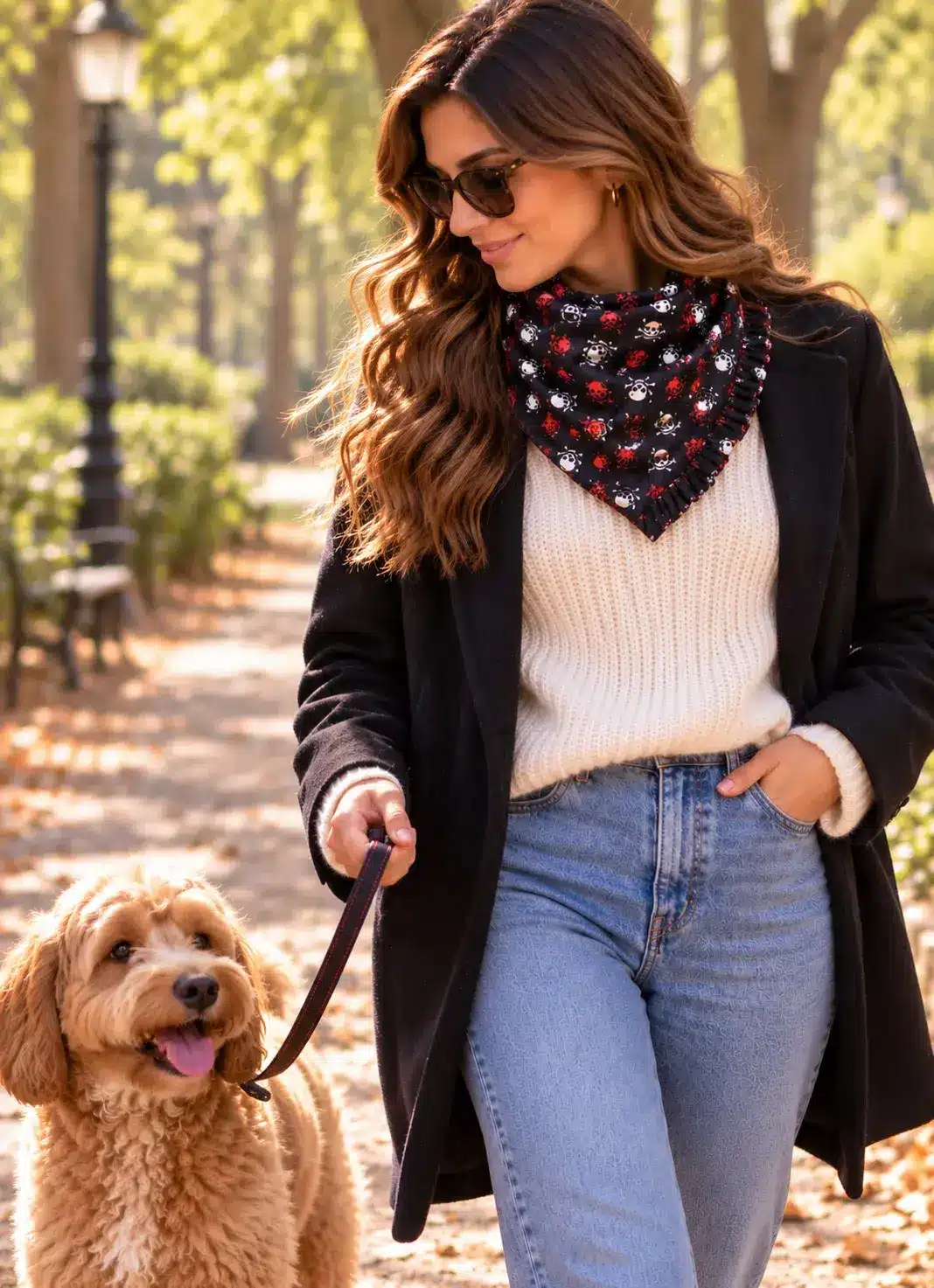 5.- Paseo otoñal con perro y bufanda de calaveras WEB